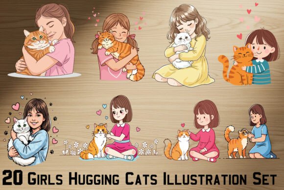 20 Girls Hugging Cats Illustration Set: A Designer's Cozy Asset