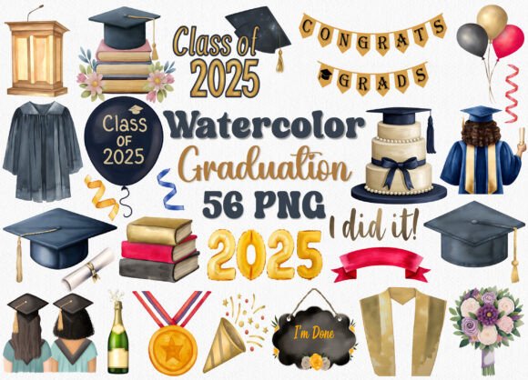 Celebrate Milestones with Watercolor Graduation Clipart Set