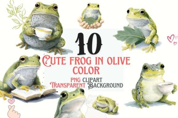 Cute Olive Frog Watercolor PNG Bundle: A Whimsical Design Asset