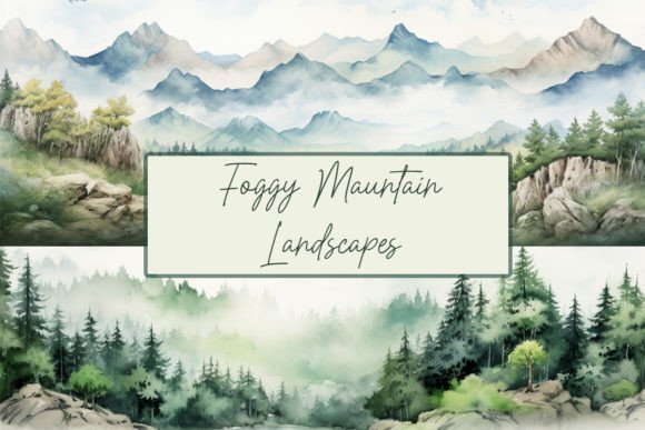 Foggy Forest Clipart and Watercolor Mountains for Your Designs