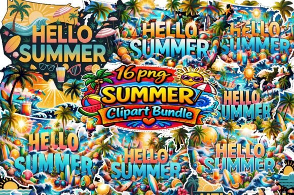 Hello Summer Clipart Bundle PNG: Tropical Graphics for T-Shirt Design