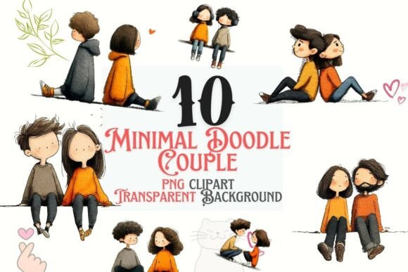 Minimal Doodle Couple Clipart PNG Set: Cozy Art for Your Projects