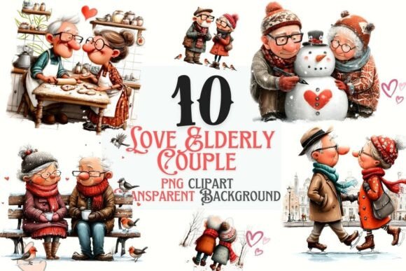 Timeless Winter Love: Elderly Couple PNG Bundle