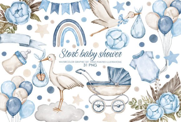 Watercolor Stork Baby Shower Clipart: 30 PNG Elements for Your Projects